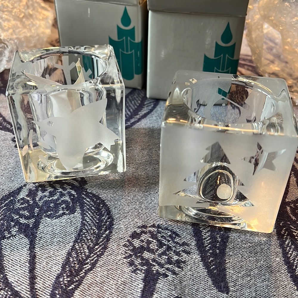 Holiday Set of 2 glass PartyLite Winter Frost Votive Holders.